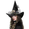 Women Halloween Witch Hat, 6 Styles Black Orange Purple Pointed Witch Hats with Spider Web Lace, Flower, Feather and LED Light Decor, Halloween Party Cosplay Costume Accessory 1