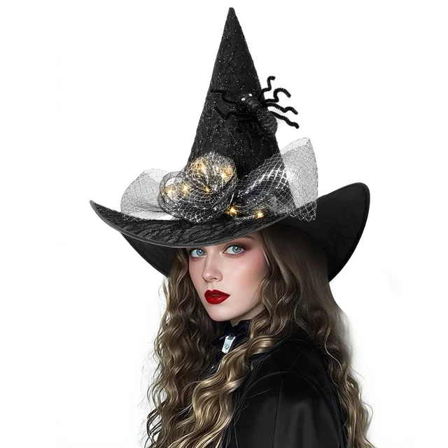 Women Halloween Witch Hat, 6 Styles Black Orange Purple Pointed Witch Hats with Spider Web Lace, Flower, Feather and LED Light Decor, Halloween Party Cosplay Costume Accessory 1
