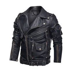 2024 New Men's Leather Coat Motorcycle Hardman Multi Pocket PU Leather Flip Collar Spring and Autumn Wear Leather Jacket for Men