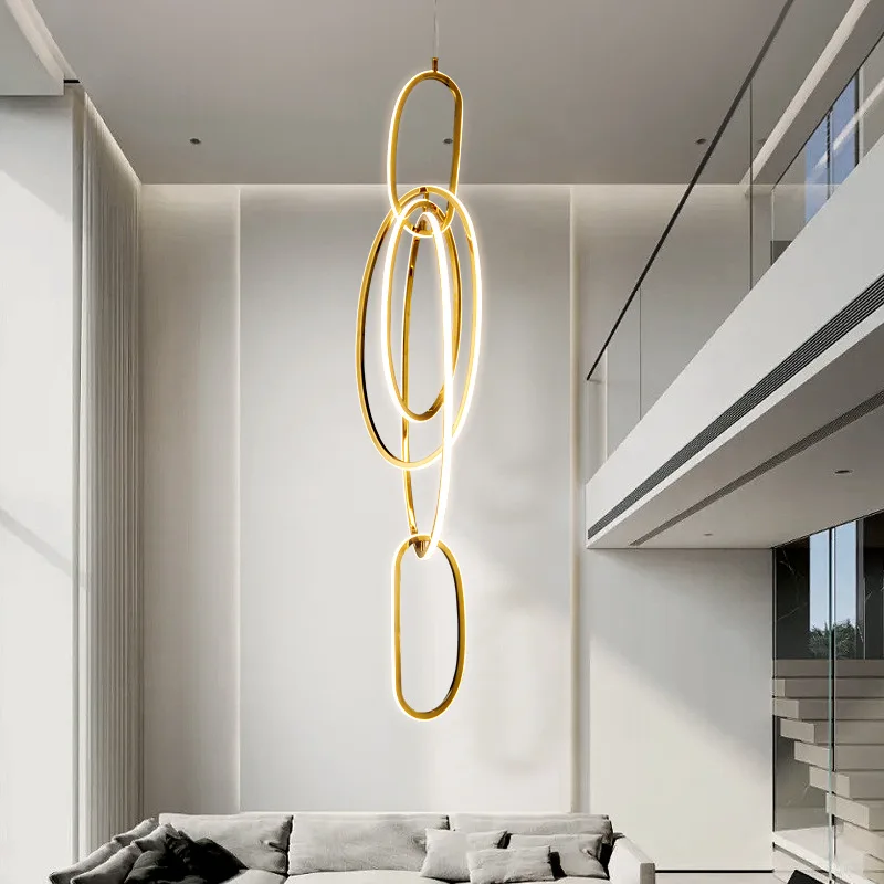 Modern Gold Ring Led Stairs Pendant Lights Light Luxury Duplex Villa Living Room Chandelier Lighting Home Lustre Bedside Lamp