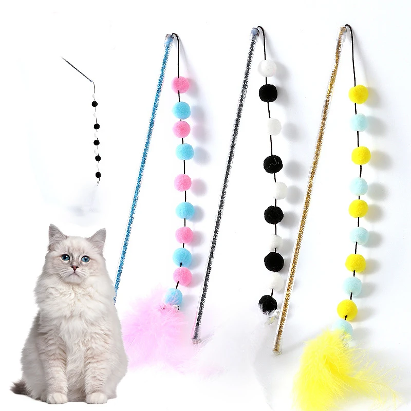 Cat Toys 1pcs Interactive Stick Feather Toys Kitten Teasing Durable Playing Plush Ball Pet Supplies Feather cat teasing stick