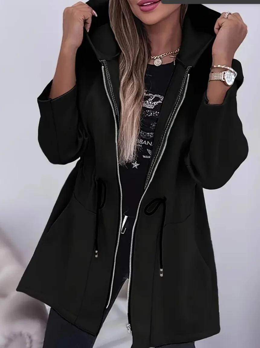 2026 New Women's Fashion Loose Waist Relaxed Mid-Length Hooded Zipper Jacket