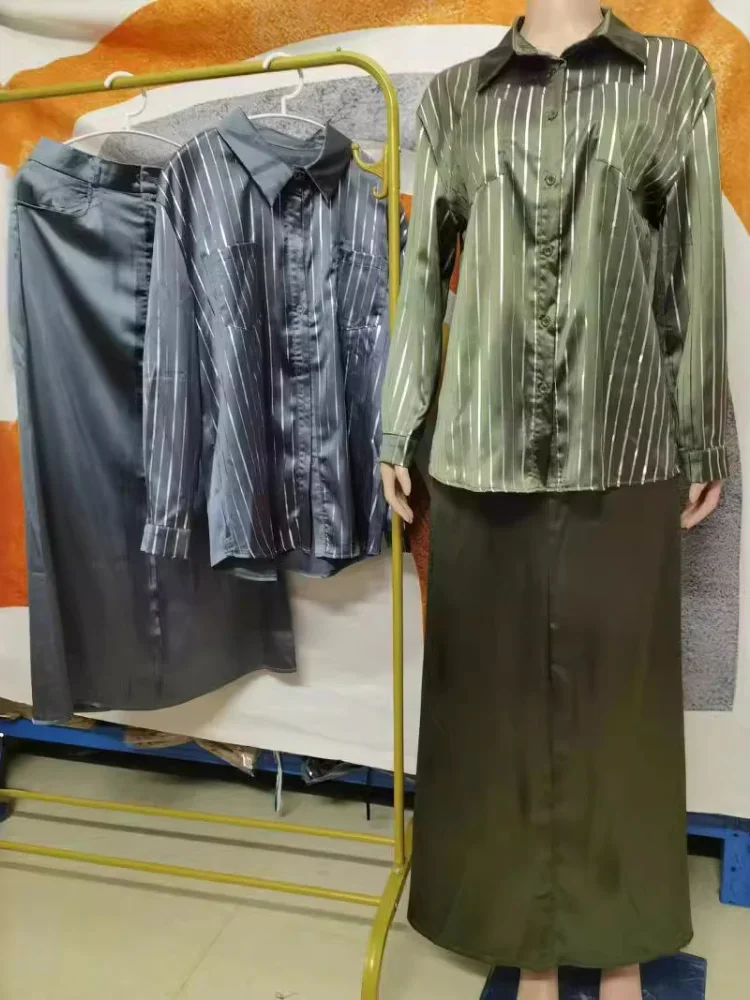 Damski dwuczęściowy zestaw muzułmański nadruk w paski koszula spódnica garnitury Casual arabski Ramadan Abaya Islam Kaftan kieszenie Jalabiya dubaj abaje