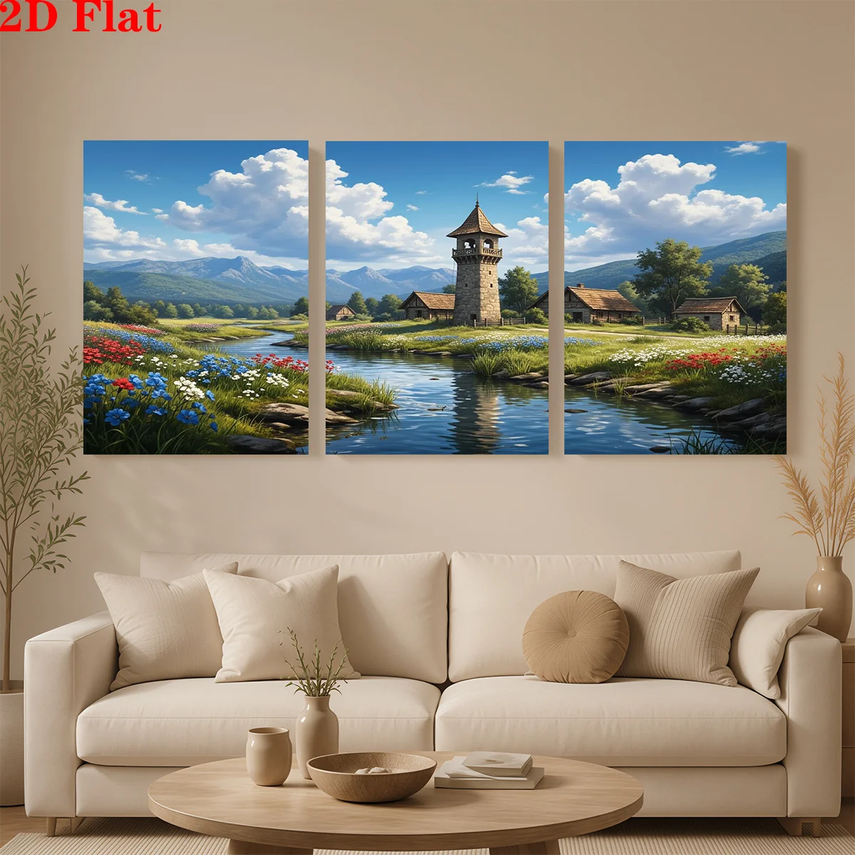 Frameless 2D 3pcs Canvas Art Wall Hanging- A scenic rural landscape with a river and a tower. Suitable for Decorating Offices