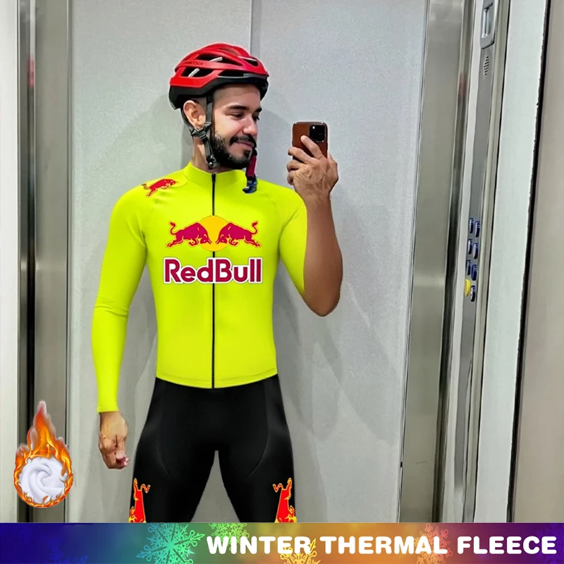 

Long Sleeve Cycling Jersey Men Thermal Red Bull Mens Winter Fleece Bib Men's Set Clothes Clothing Bicycle Suit Man Termal Outfit
