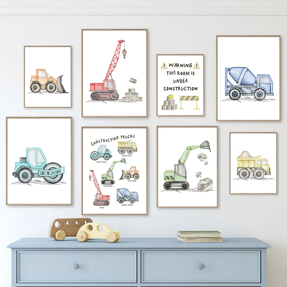 Watercolor Construction Trucks Excavator Crane Nursery Wall Art Canvas Painting Poster Prints Pictures For Boy Room Decor Gift