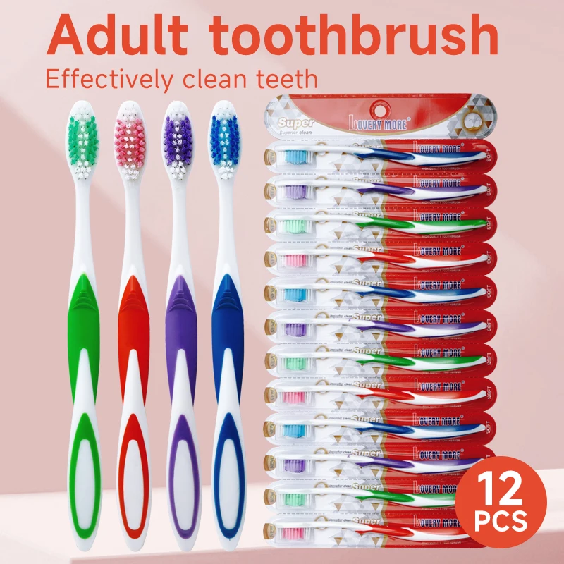 مجموعة فرش أسنان للبالغين مكونة من 12 قطعة، فرشاة أسنان ناعمة بشعيرات مموجة بلونين للبالغين، فرشاة أسنان عائلية للتنظيف العميق والعناية بالفم