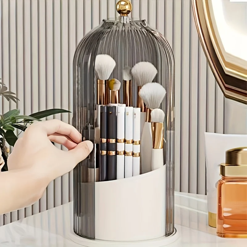 Light Luxury Beauty Storage Box, Makeup Brush Tool Organizer, Vertical Patterned Glass with Gold Top Bead Decoration, Suitable F
