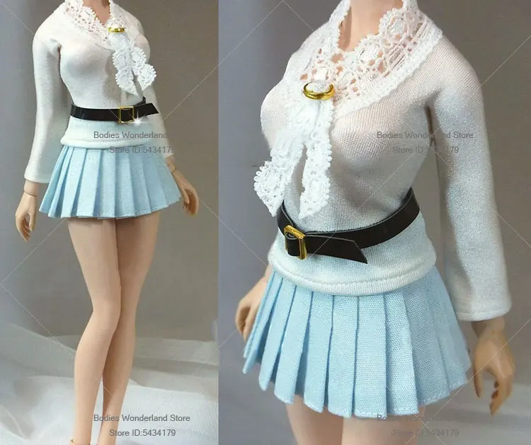 

In Stock 1/6 Scale Female Soldier Lace Up White Long Sleeved Top Light Blue Short Pleated Skirt For 12inch Action Figure Doll