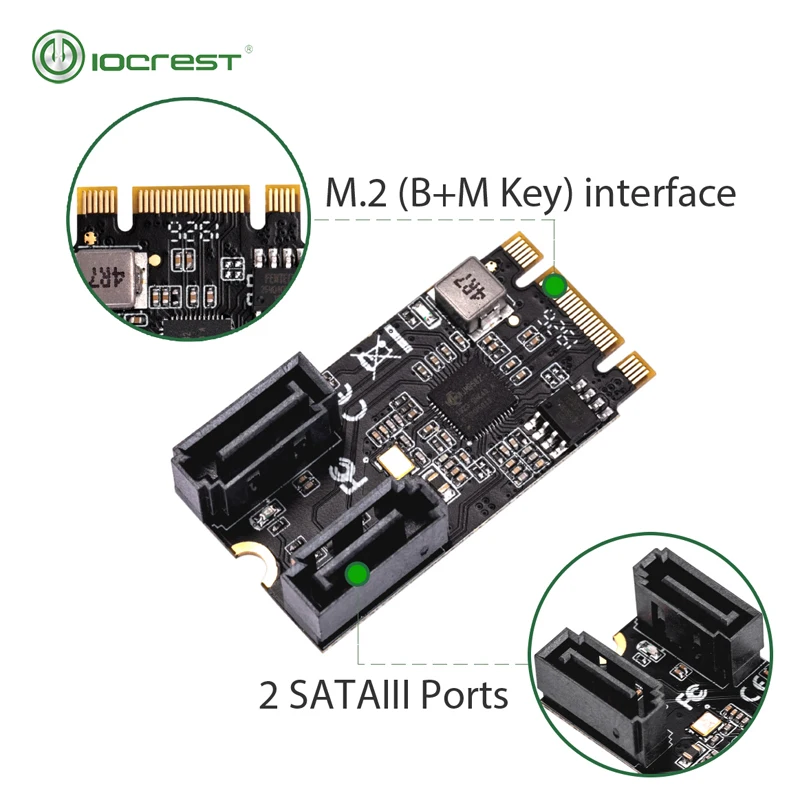 IOCREST 2 Port SATA III 6 Gb/s M.2 22X42 M Key dan B Key Controller Adapter Card SATA 6G Internal