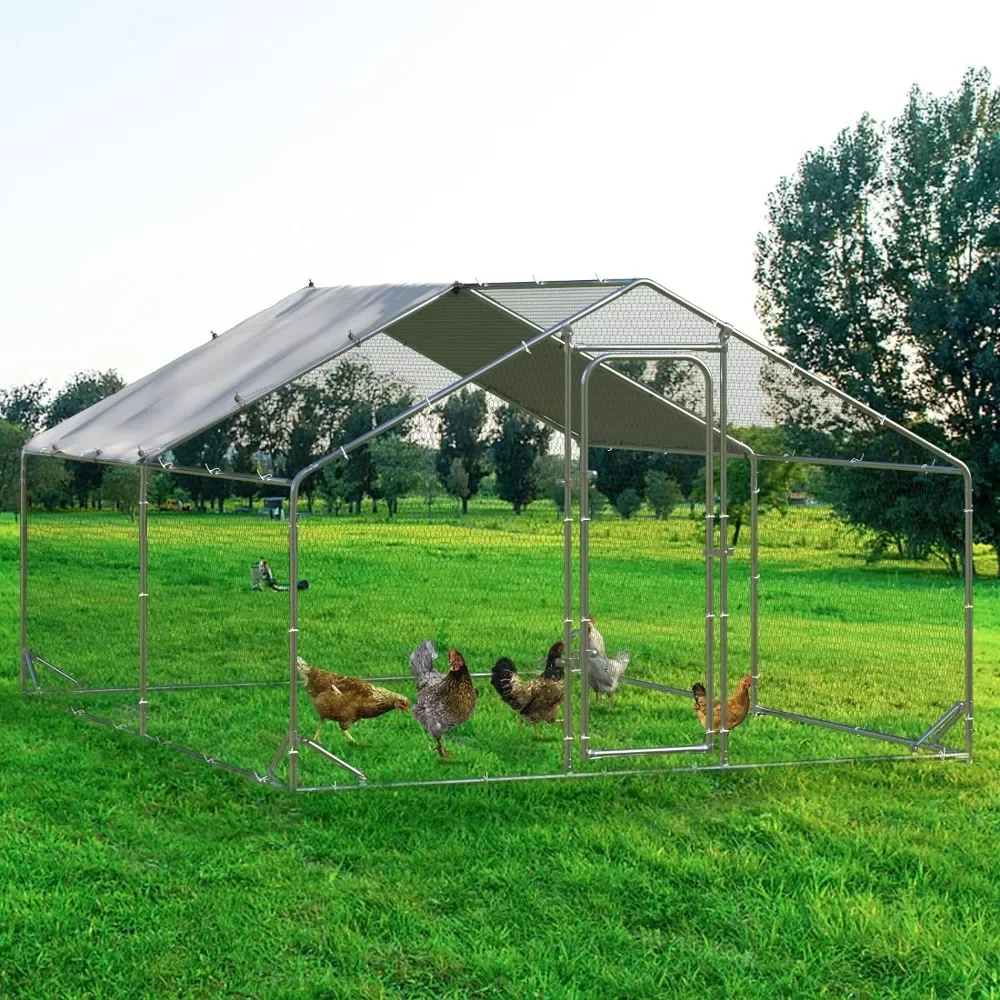 Large metal outdoor chicken coop with poultry cage spire shape, heavy duty walk-in yard with waterproof and UV shield