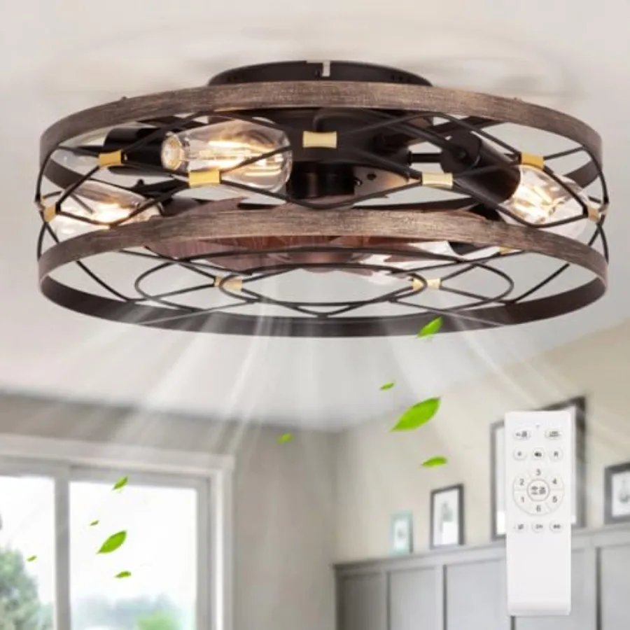 

Small Fandelier Caged Ceiling Fan with Light Farmhouse Low Profile Flush Mount Ceiling Fans with Lights and Remote Rustic Blade