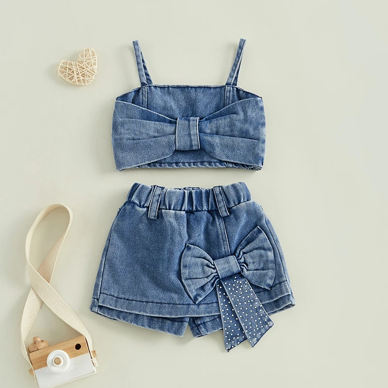 Pudcoco 6M-5T Infant Kids Baby Girls 2Pcs Denim Clothes Set Sleeveless Crops Bow Tops Shorts Culottes Fashion Summer Outfits