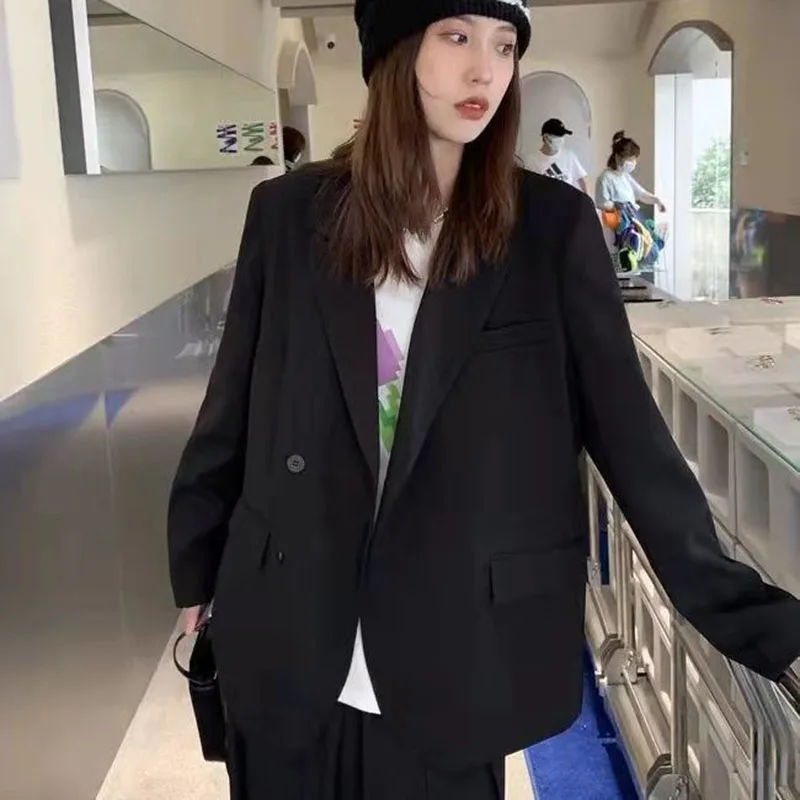 

Notched Collar Black Blazer Women Casual Single-Breasted Pocket Jacket for Woman 2025 New Street Long Sleeve Loose Blazers Coat