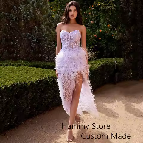 Luxury Evening Dress Customized Sweetheart Sparkling Beading Applique Feathers Slit Cocktail Party Gown Illusion Prom Dresses