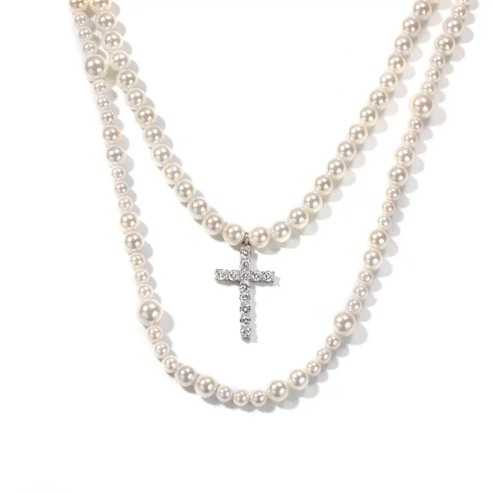 

Hip Hop AAA CZ Stone Bling Iced Out Cross Pendants Necklace with Double Pearl Beaded Link Chain for Men Rapper Jewelry