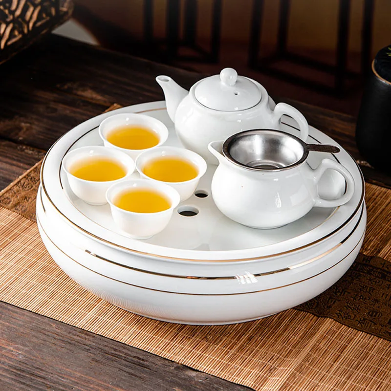 Round Small Tea Tray Office Ceremony Serving Marble Luxury Tableware Coffee Tea Tray Drainage Hospitality Bandejas Home Products