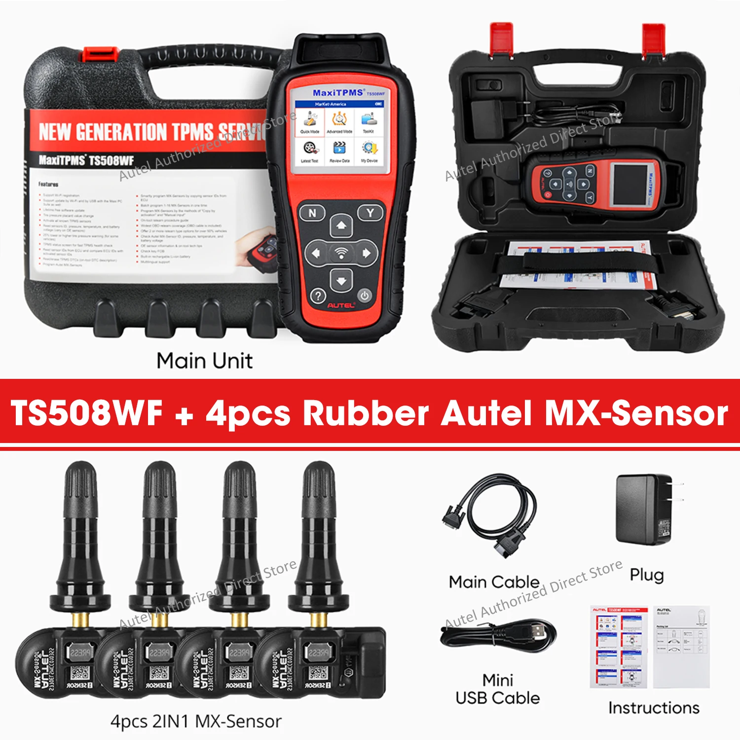 Autel MaxiTPMS TS508WF KIT TPMS-diagnosetool via 4 stuks Autel MX-sensoren, OBD2 TPMS Relearn Tool Gratis update, opgewaardeerd van TS508