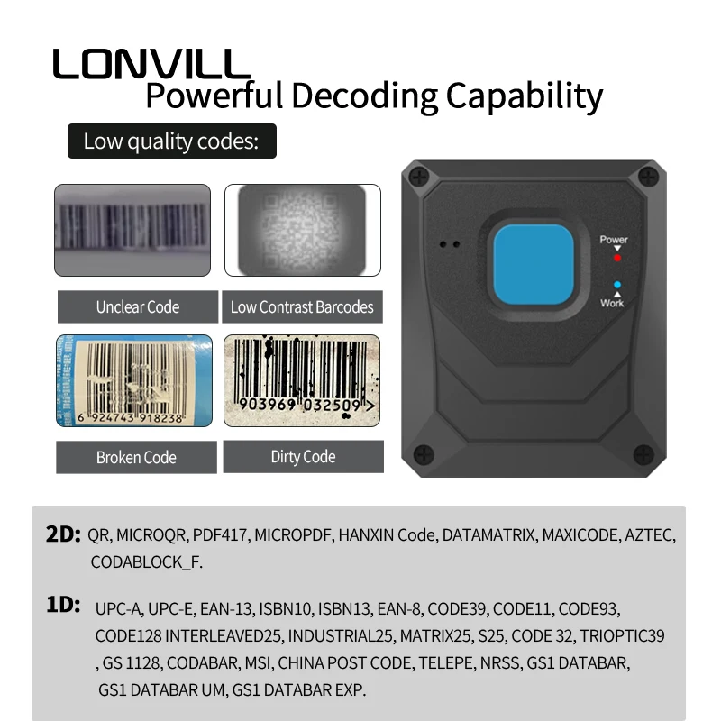 LONVILL USB Virtual Serial Port Push-button Auto-sensing Modes IP54 Embedded Scanner for Self-service Ticket Machine