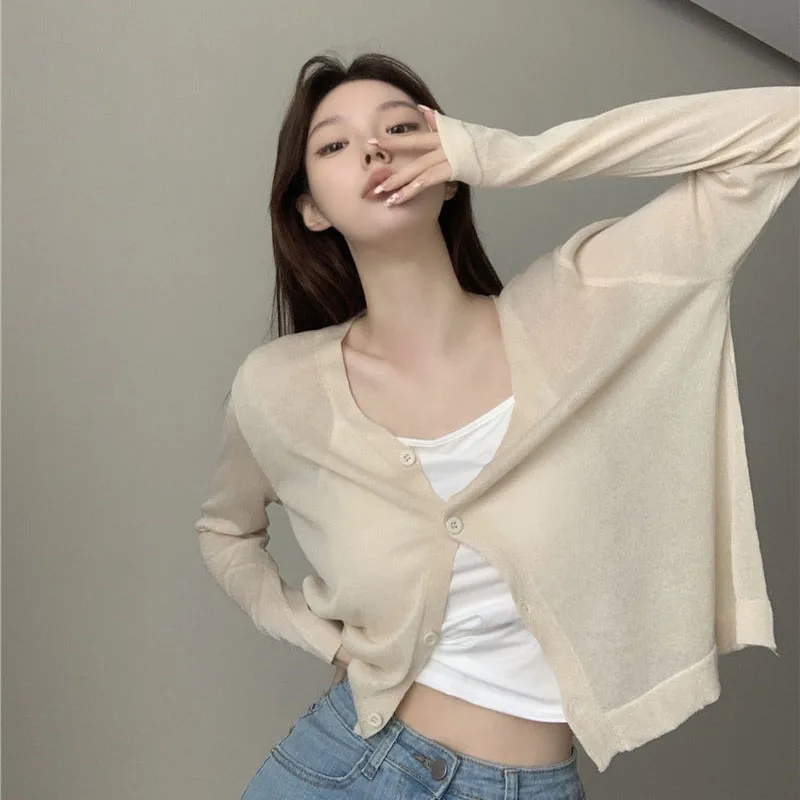 Lucyever Lazy Style Thin Knitted Cardigans Woman Summer Loose Sunscreen Knitwear Women Vintage Streetwear V-Neck Knit Coat Top