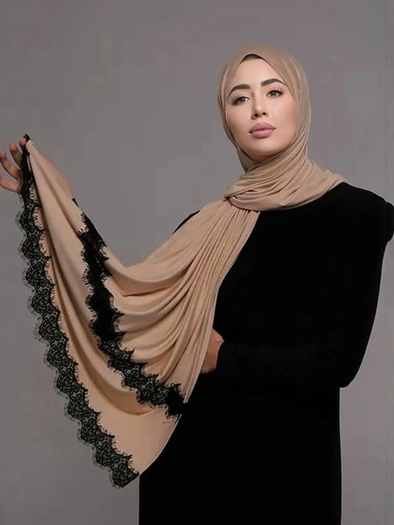 New Jersey Hijab mit Spitze, langer muslimischer Schal, einfarbig, weicher Schal, Turban-Kopfwickel für Frauen, Afrika-Stirnband, 170 x 60 cm – Detail 3