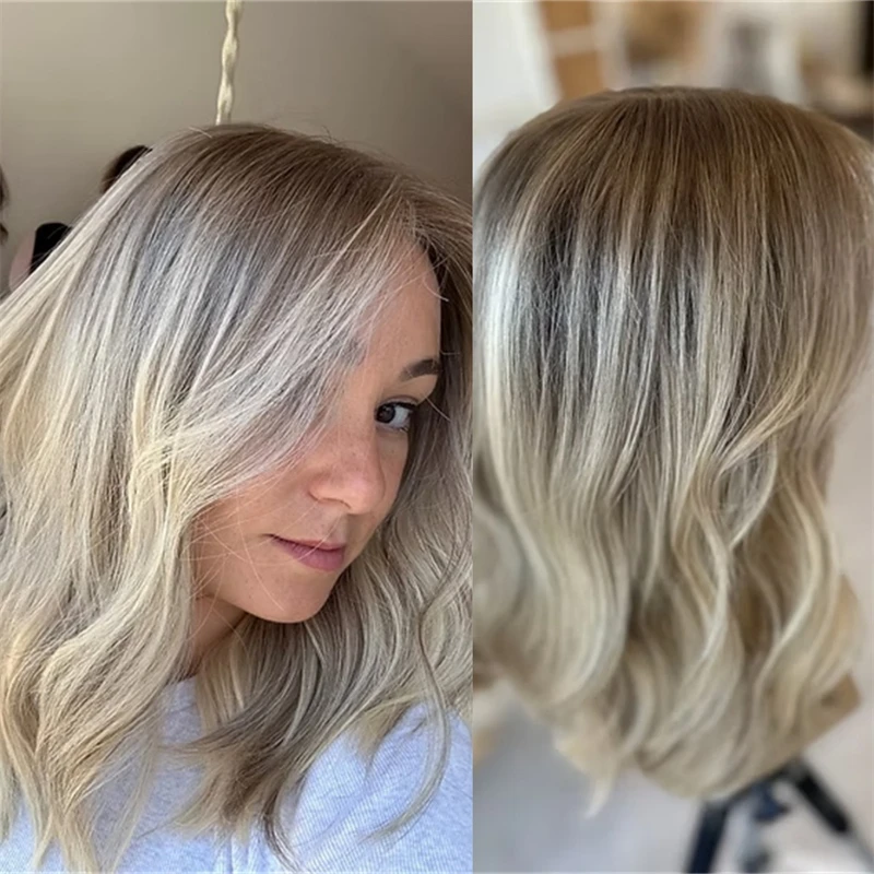 

Ombre Пепельно-русый балаяж Синтетический парик фронта шнурка Новый короткий волнистый боб Невидимый HD Прозрачный парик фронта шнурка для женщин Ежедневно