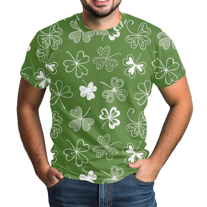 St. Patrick's Day T-shirt Men's Round Neck Short Sleeve T-shirt 3D Printed Green Clover T-shirt Top Street Wear