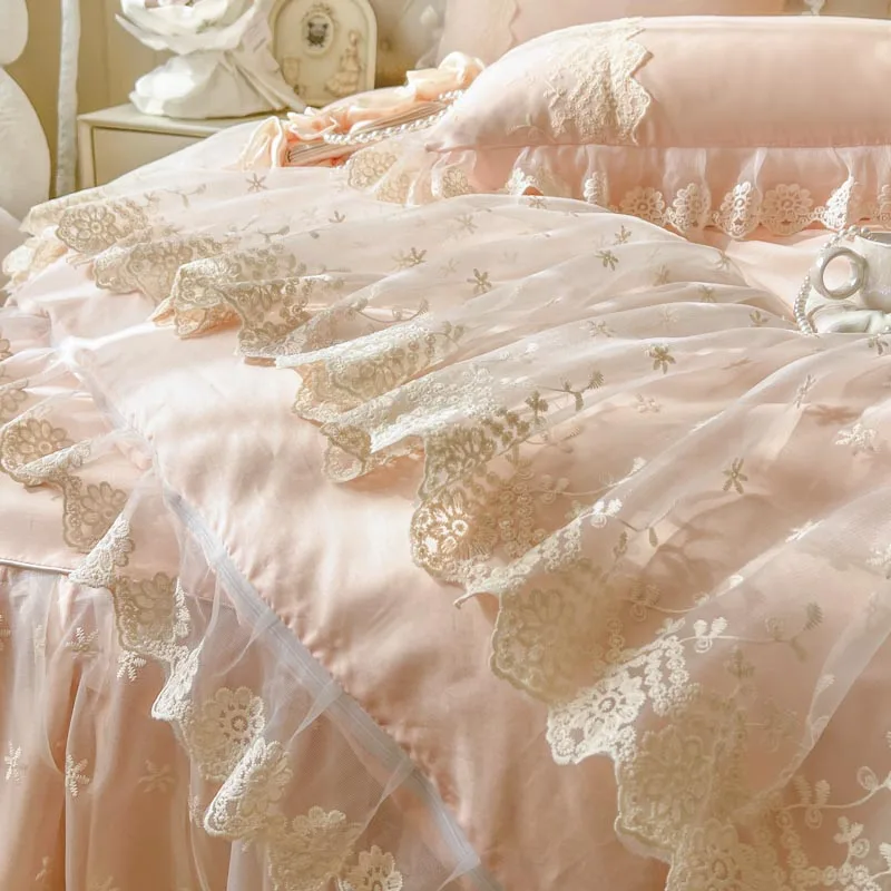 Juego de cama estilo princesa coreana romántica rosa, funda nórdica con volantes de encaje, falda de cama, colcha, fundas de almohada, 100% algodón, 4/6 Uds.