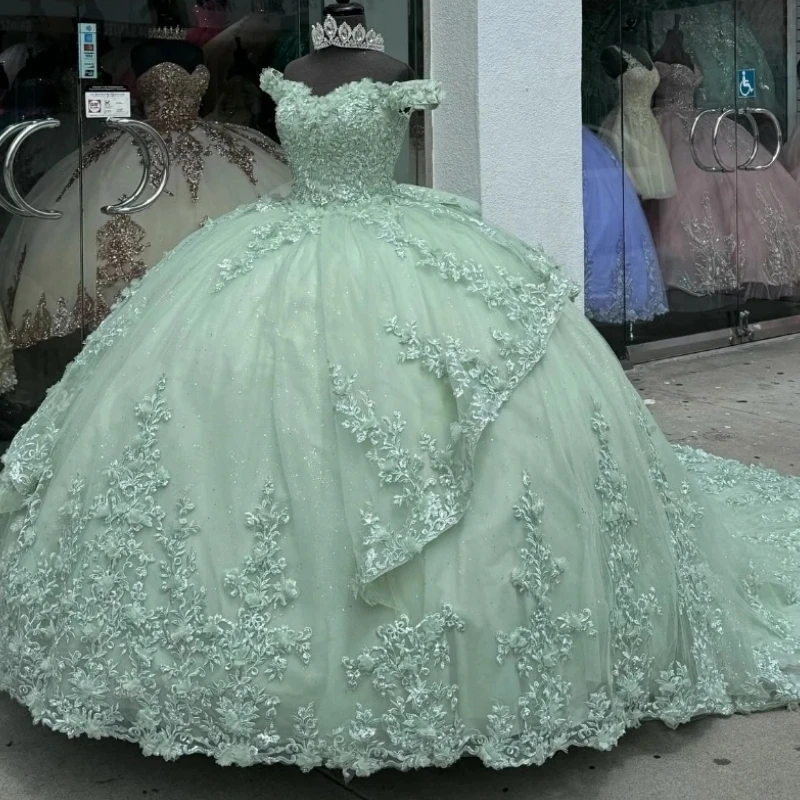 Real Picture Sage Green Mexican Quinceanera Drsses Dance Wear Off Shoulder Lace Applique Vestido De xv Anos Prom Party Dress 15