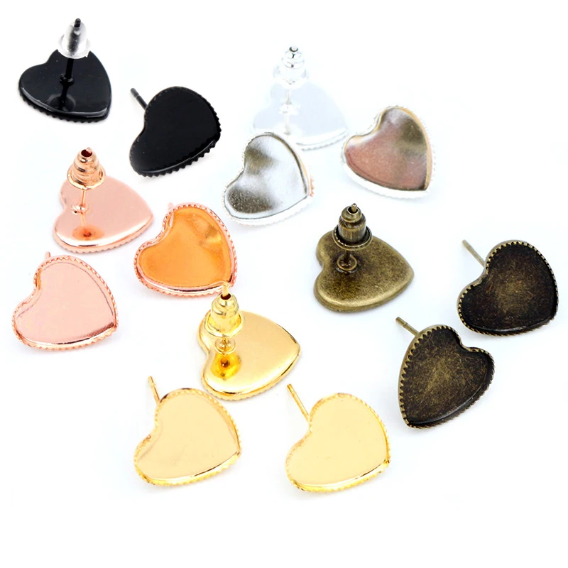 12mm 20pcs Silver Color Bronze Gold Color Heart Earring Studs,Earrings Blank/Base,Fit 12mm Glass Cabochons;Earring Bezels