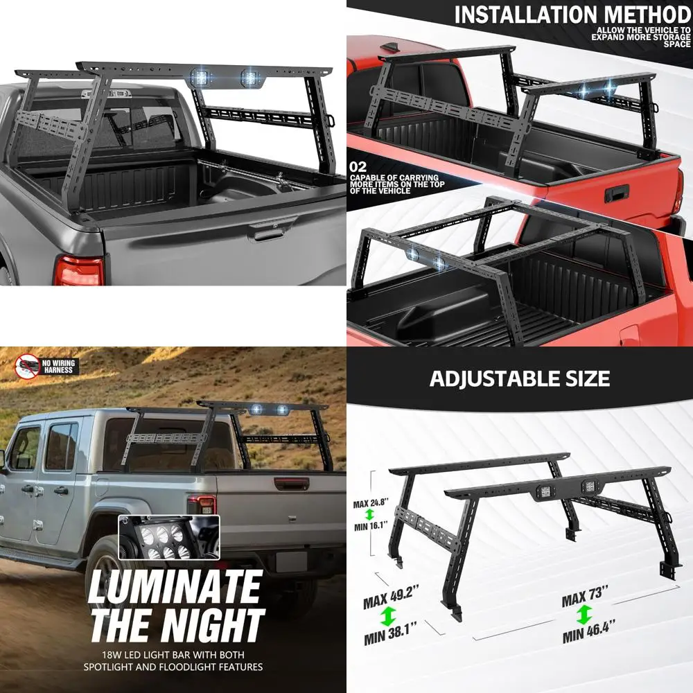 Adjustable Truck Bed Rack 16-24.8 Inches High, Cargo Carrier with LED Lights, Compatible for Various Truck Models
