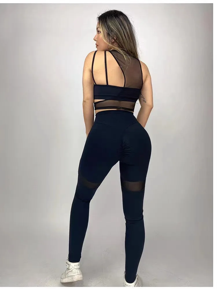Women Sexy Mesh Splicing Two Pieces Yoga Set Unique Asymmetric Yoga Top Nuding Feeling Hollow Out Tight Slim Yoga Full Pants