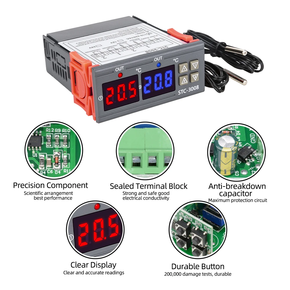 STC3008 Dual Digital Display Temperature Controller Microcomputer Thermostat Regulator  Control Switch 110-220V AC, 12/24V DC