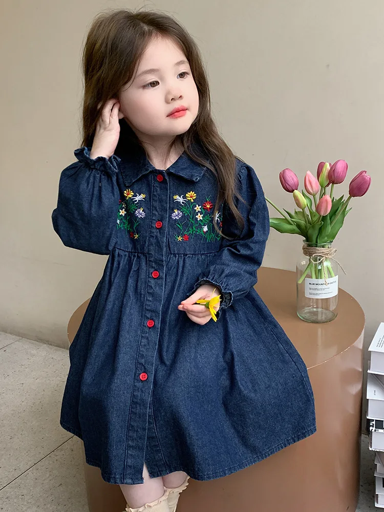 

Girls Embroidered Denim Dress Spring and Autumn2025New Stylish Girl Baby Children's Spring Outfit Princess Dress Trendy