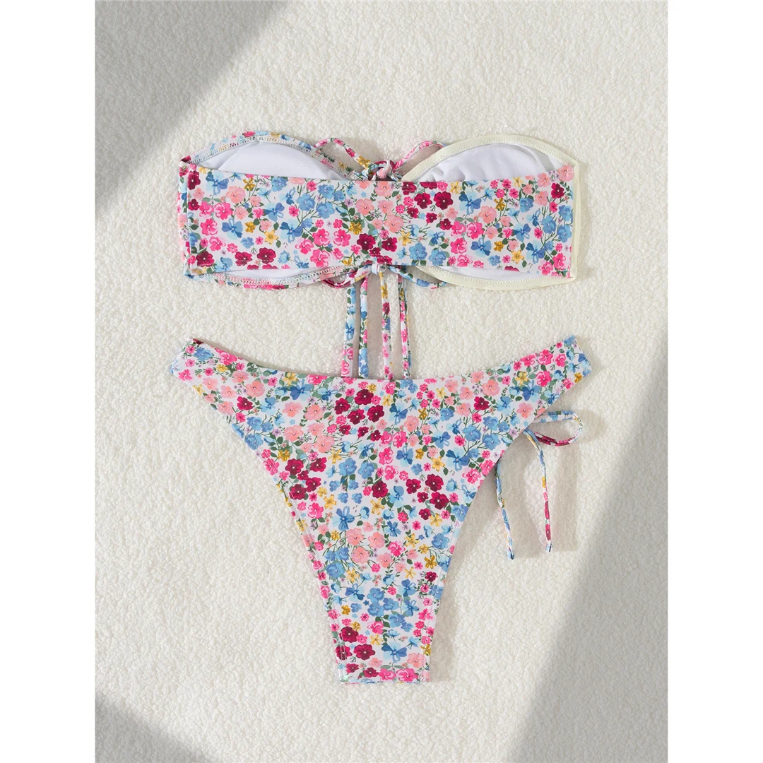 Sexy Blumenmuster-Bandeau-Bikini mit Splicing-Design, Damen-Badebekleidung, zweiteiliger Bikini-Set, Badeanzug, Badebekleidung, Schwimmanzug V6029 – Detail 10