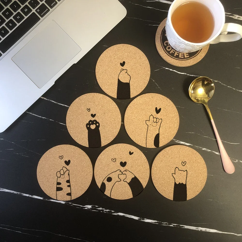 Cute Round Cork Coaster Engraved Lovely Cat Paw Heart Tea Coffee Mug Drinks Holder for Kitchen Natural Wooden Mat Tableware