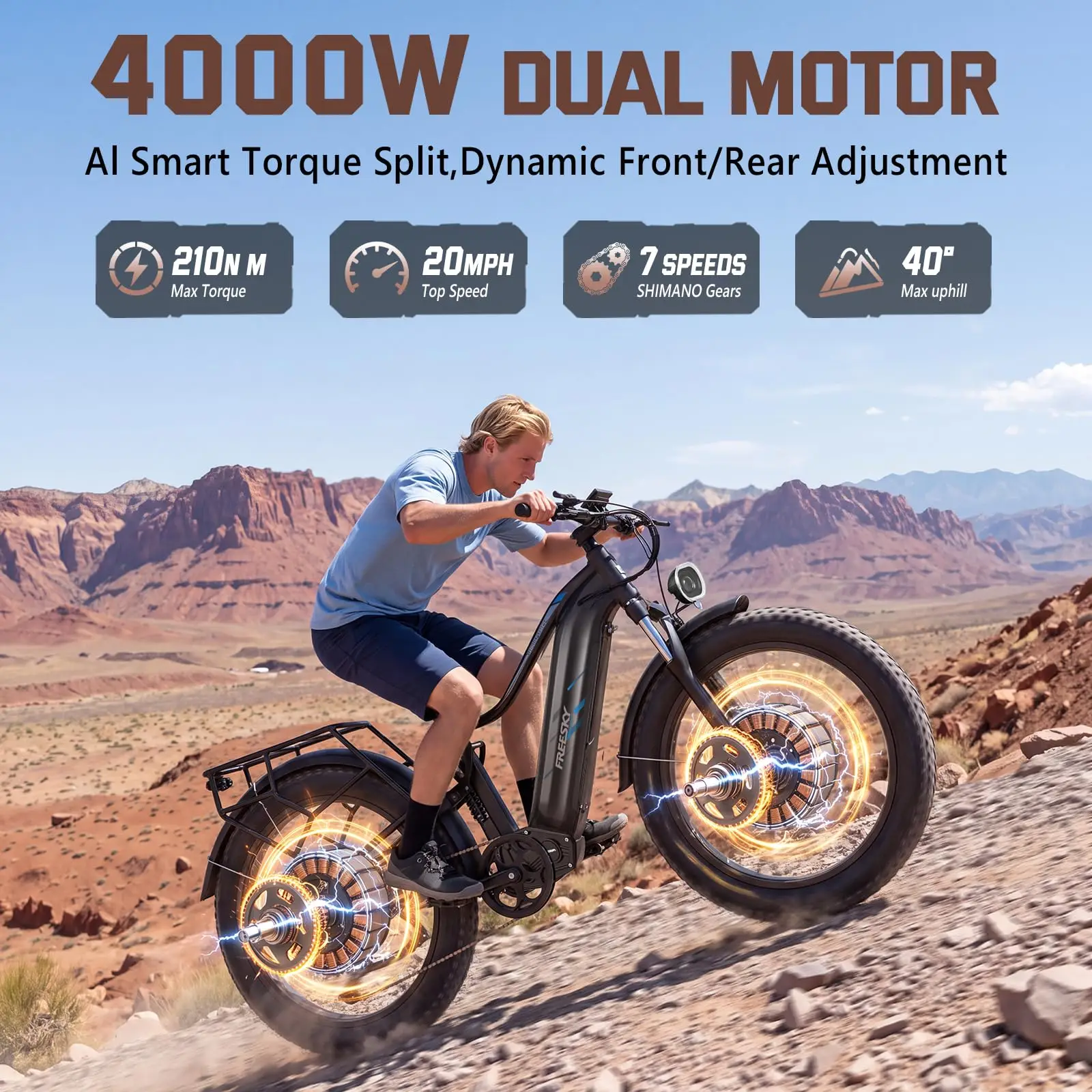 FREESKY Dual Motor Electric Bike For Adults 105 Mile Long Range 2026 Eurostar Turbo 4000W 210NM 34MPH Fast Speed, 26