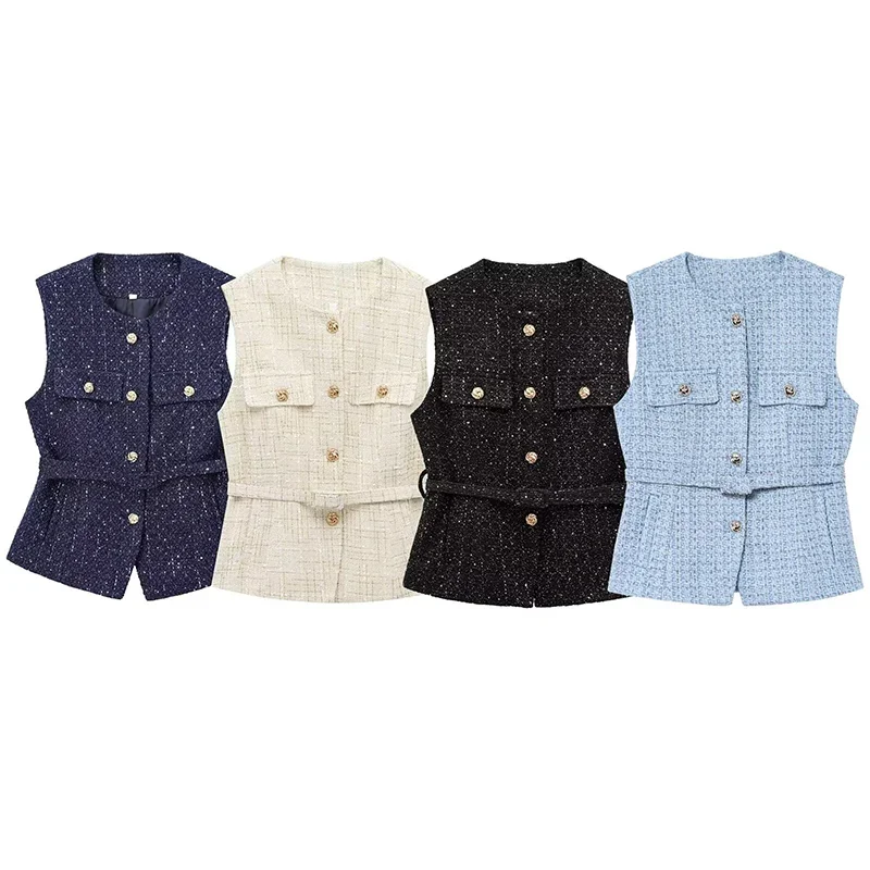 

Fashion Tweed With Belt Waistcoat For Women Front Button O Neck Sleeveless Vests Female Outerwear Chic Tops