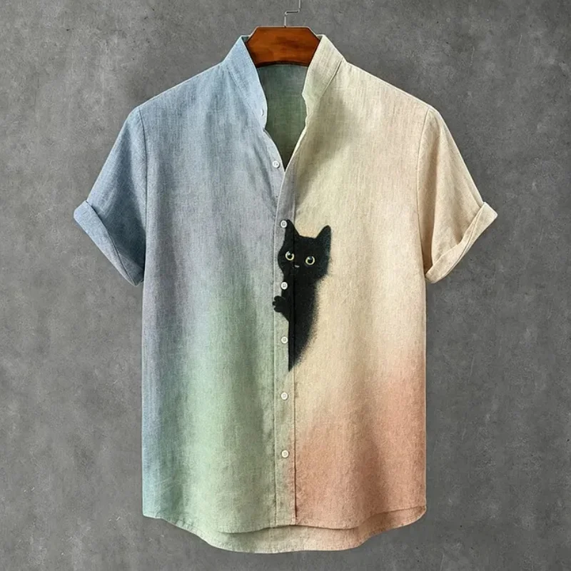 Black Cat Fun Print Colorful Short-sleeved Shirt Men's Office Stand Collar Single Breast Funny Blouse Holiday Tops Clothes