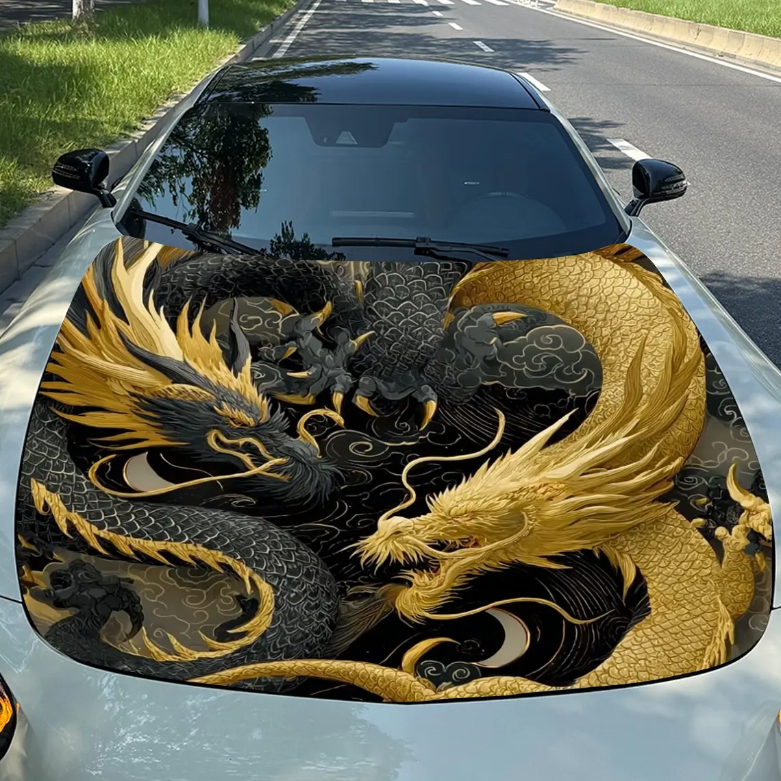 

Black Dragon And Golden Dragon Car Hood Vinyl Wraps Sticker, PVC Waterproof Car Bonnet Decals, Self-Adhesive Scratch-Resistant S