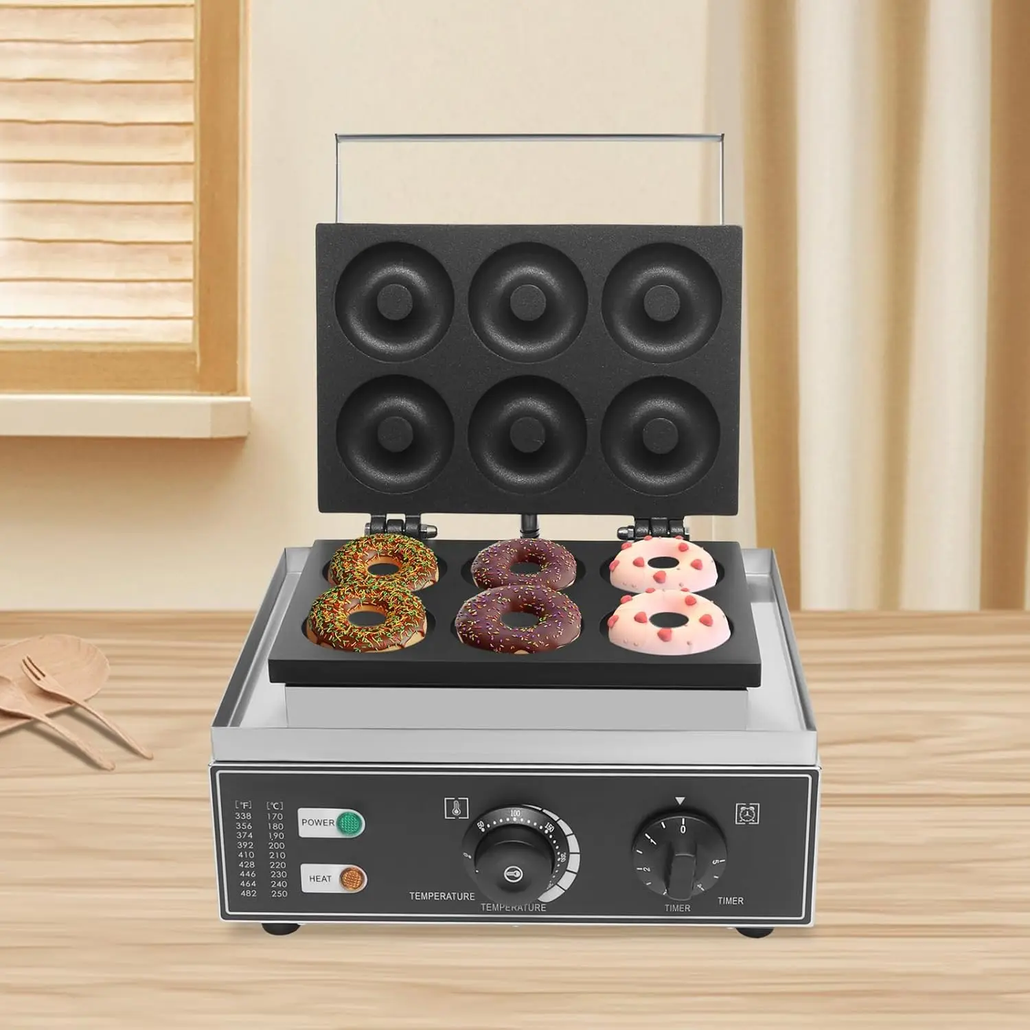 Máquina comercial para hacer rosquillas de 6 orificios, máquina eléctrica antiadherente para hacer rosquillas, calefacción 50-300 ℃   Máquina para hacer rosquillas, crepé, gofres