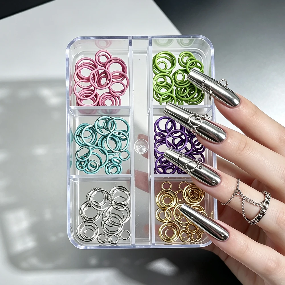 6Grid Y2K Punk Nail Piercing Jump Ring Charms Mix Open Split Metal Hoops Nail Decoration for Press‑On Nails Manicure Accessories