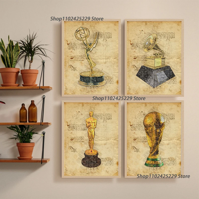 Vintage Draft Paper World Famous Trophy Poster Canvas Printing Vintage Trophy Wall Art Prints Oscar Home Room Wall Decoration