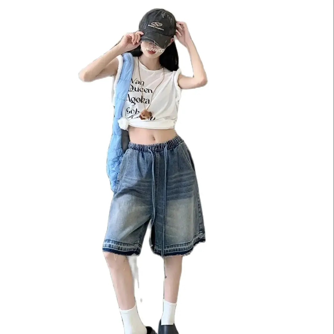 Jeans und Shorts blaue Schnürung High Street Retro Frauen Sommer neue lose Hose mit weitem Bein Denim halbe Hose Mode Street Y2K