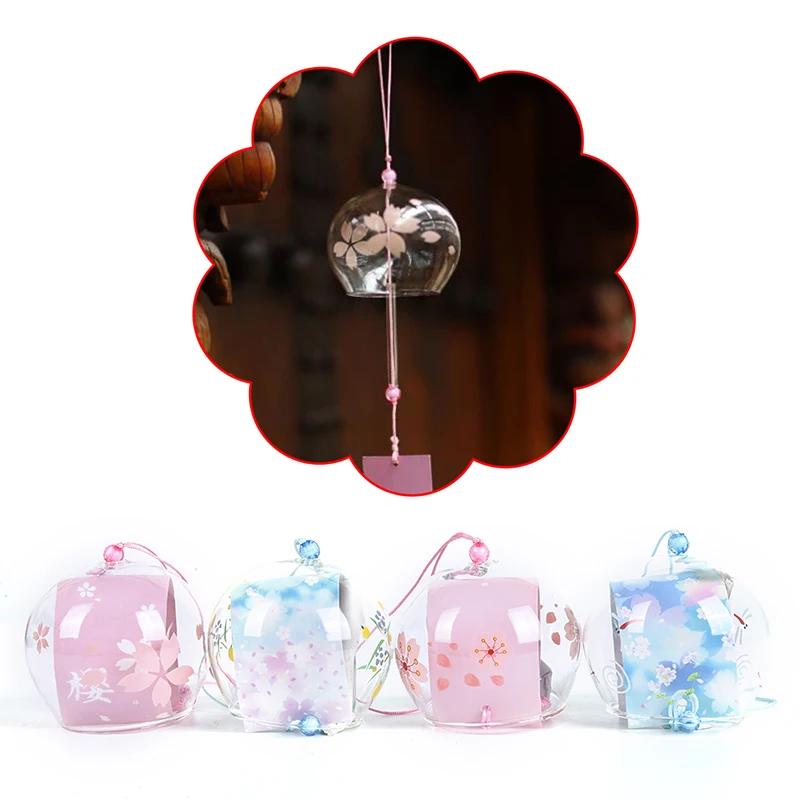 1PC Japanese Style Glass Wind Sakura Chimes Hanging Craft Bell Home Decor Cherry Blossom Pattern