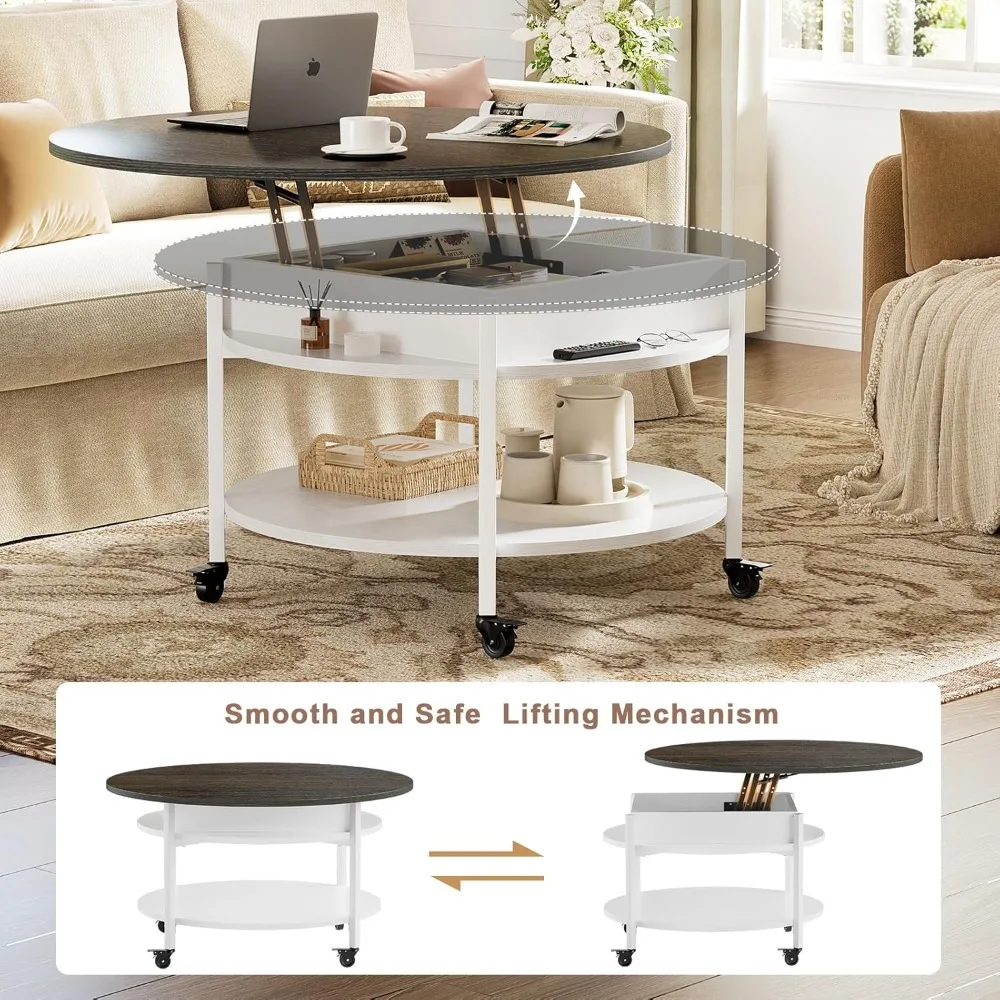 Round Lift Top Coffee Table with Wheels, Circle Center Table with Storage and Compartment, 26.77’’ Rolling Coffee Tables
