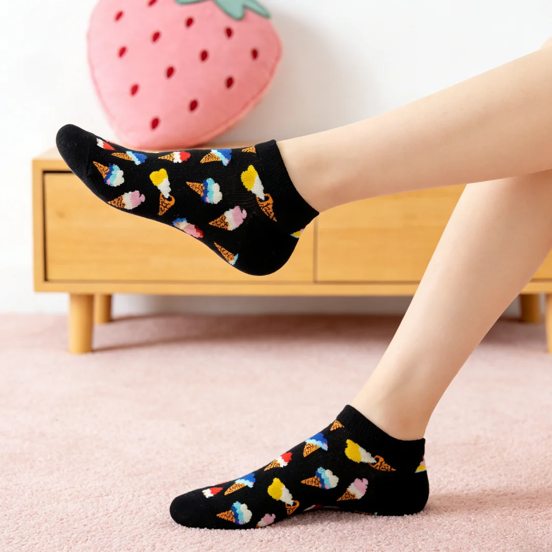【1 Pair】Spring and Summer Colourful Ice Cream Boat Socks,Vibrant and Fashionable, Perfect for Everyday Casual Wear