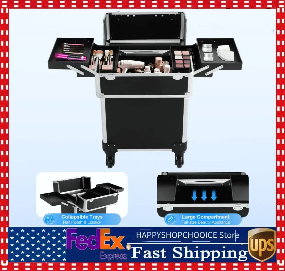 

Roller-Handle Cosmetic Trolley, Lockable Makeup Carriage, Hairdressing Travel Case - Black