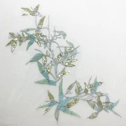 1Pc Sequin Beaded Blue Bamboo Leaf Flower Embroidery Sew on Patches Repair