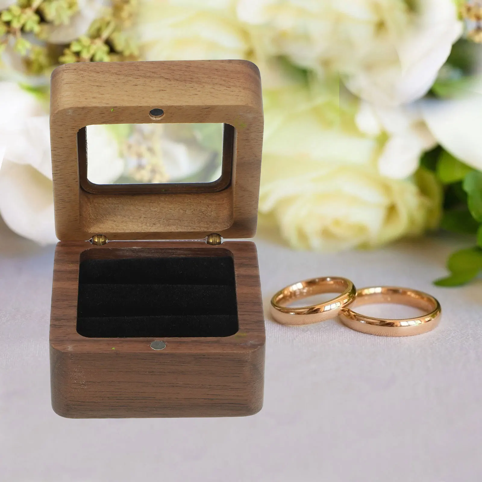 

Double Ring Box Square Solid Wood Engagement Wedding Ring Case Compact Jewelry Holder Square Shaped Box Rings Holder